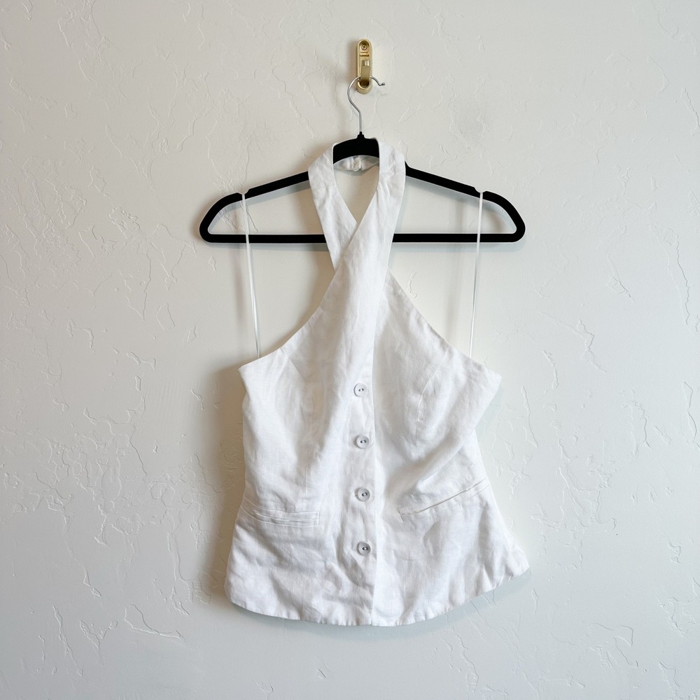 Reformation | Tate 100% Linen Halter Button Vest Top in White - Picture 4 of 6
